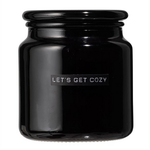 grote geurkaars frisse linnen zwart glas 'let's get cozy'